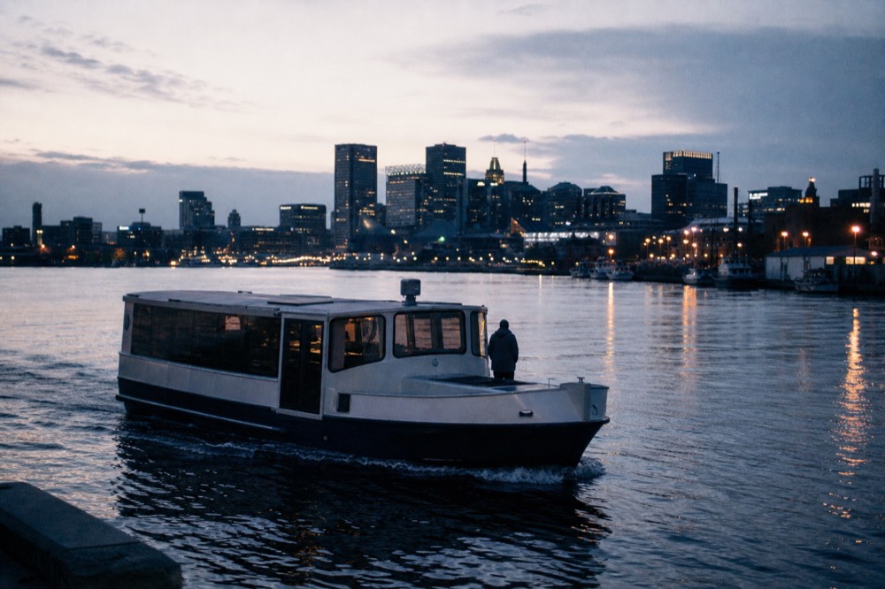A compact commuter water shuttle crossing between waterfront neighborhoods in the morning, glassy water, a lone rider standing near the bow