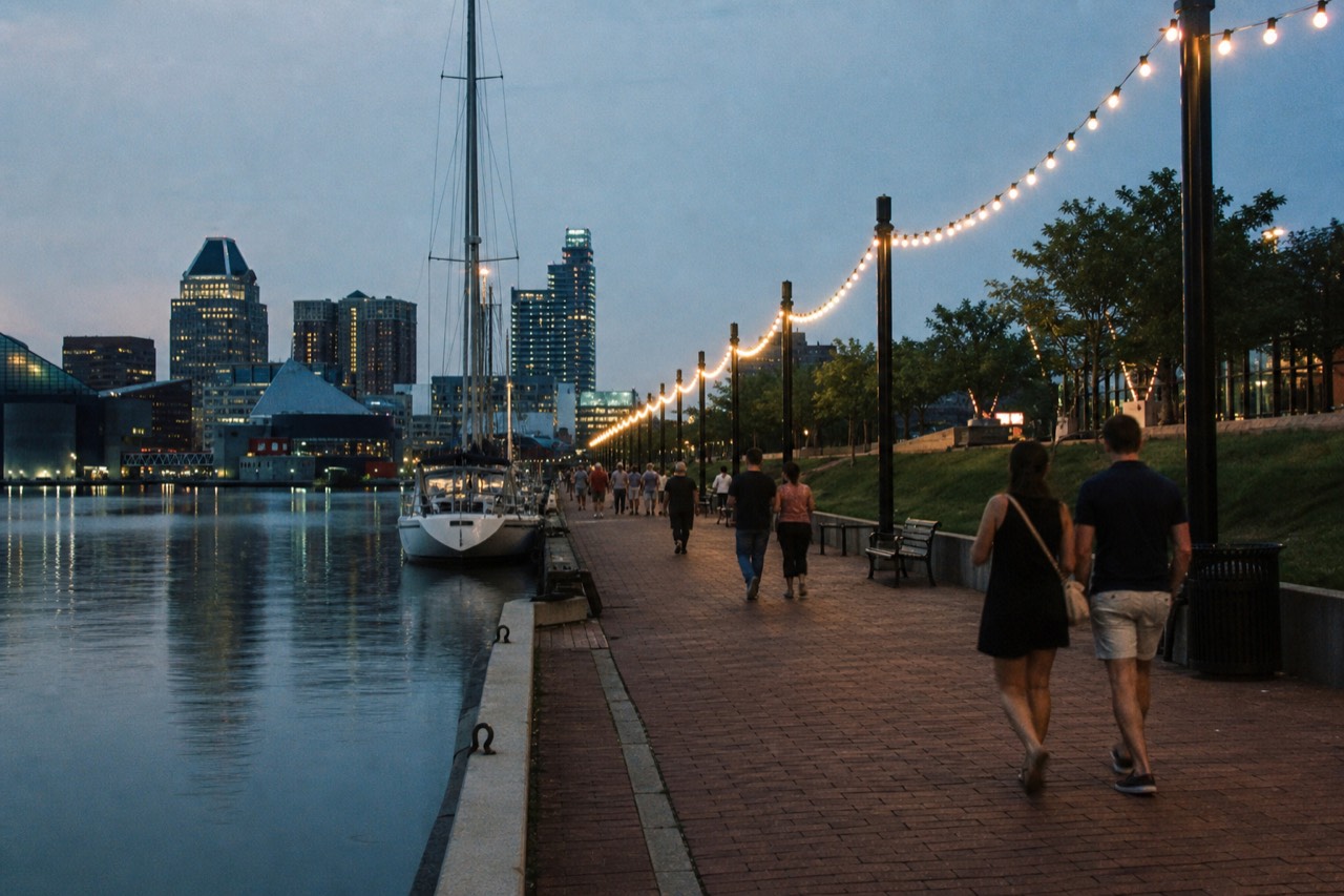 Families and couples strolling the lit Inner Harbor promenade at dusk, string lights above the walkway, moored boats and skyline reflections on the calm water