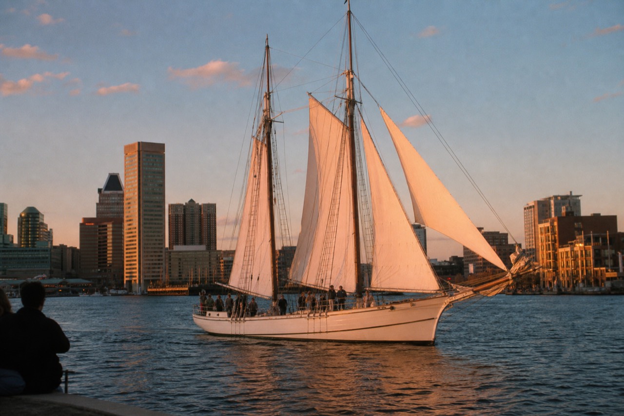A white schooner under sail at golden hour on the Inner Harbor, the Baltimore skyline turning pink behind the tall masts, warm low light across the water