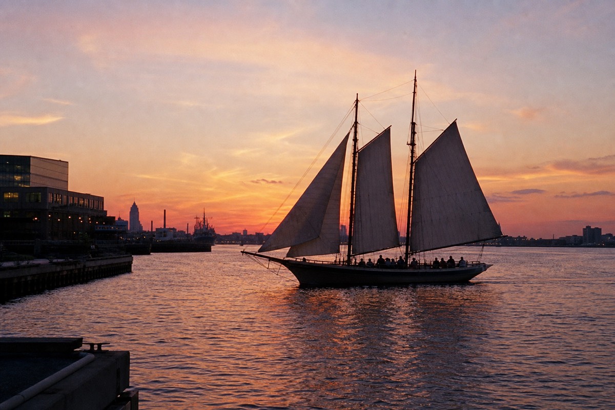 A schooner sailing the harbor at sunset, sails and masts silhouetted against a pink and gold sky over the water