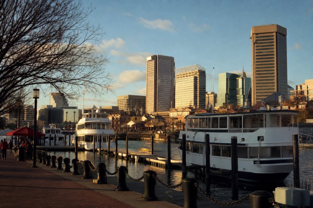 The Light Street finger piers seen from the promenade at golden hour, white cruise boats tied along the docks and a ticket kiosk with a bright umbrella nearby