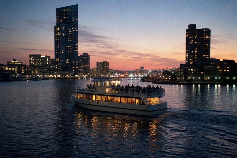 A motor cruise boat lit from within moving across the Inner Harbor after sunset, office-tower lights doubling on the black water, a violet band still in the western sky