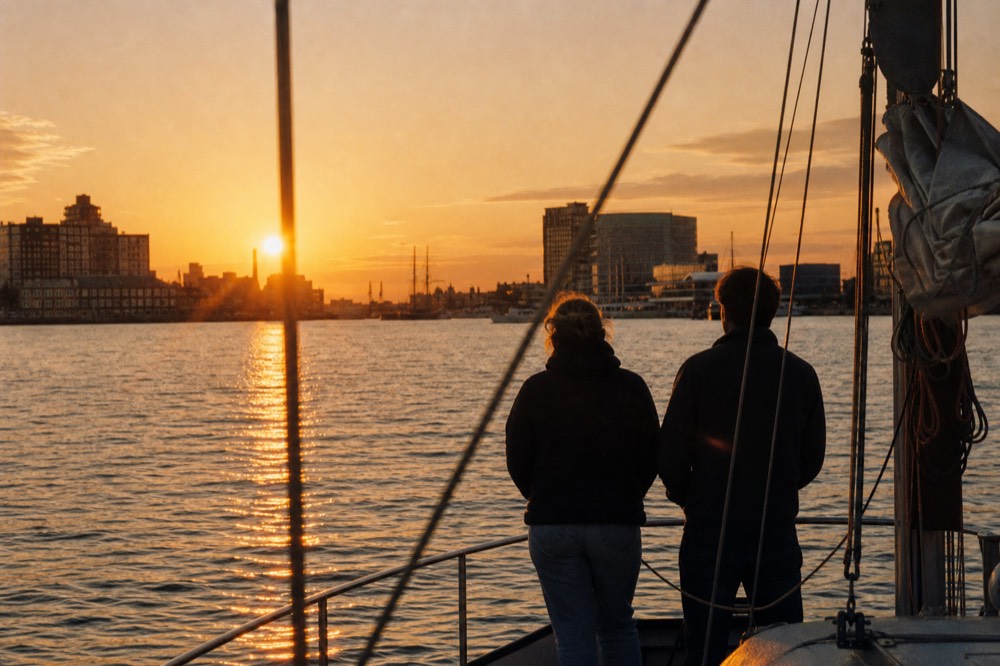Two people at the stern rail of a sailboat watching the sun sink over the harbor, silhouettes against a burnt-orange sky, rigging lines crossing the frame